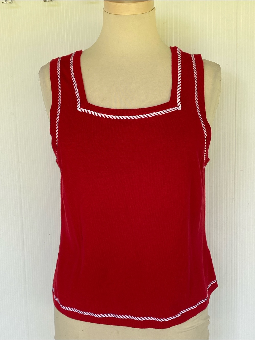 Women's Red Square-Neck Tank with White Rope Trim